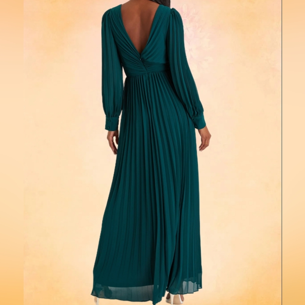 LULU'S GRACE EMERALD GREEN PLEATED LONG-SLEEVE MAXI DRESS SIZE 1XL - Picture 3 of 7